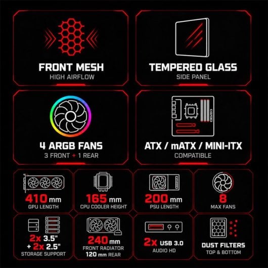 ATX Behuizing Tempest Airflow Umbra RGB Zwart 4x ARGB Ventilatoren Glas