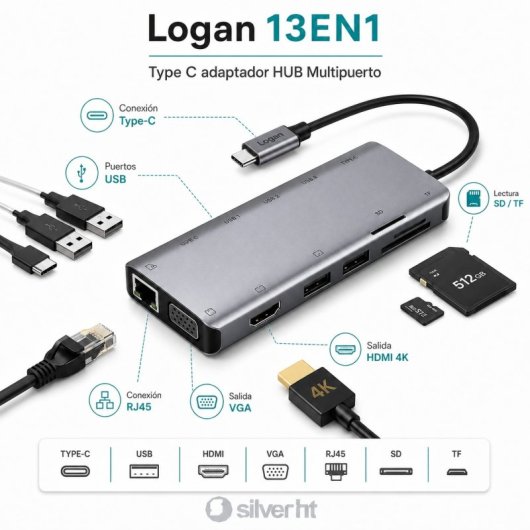 SilverHT Logan Typ-C-Adapter 13 in 1 Aluminium