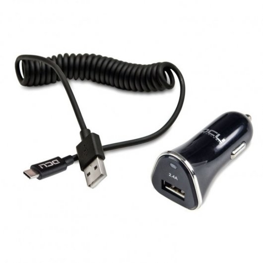 DCU Pack Cargador Coche USB 2.4A + Cable USB Tipo C Rizado 1.5m