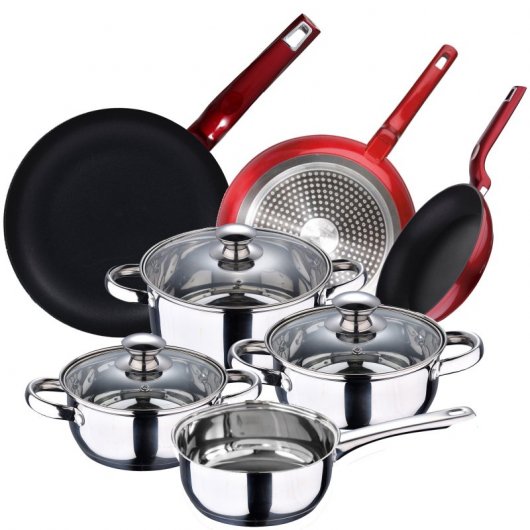 Bergner Set 3 Sartenes Aluminio Forjado + Batería de Cocina de Acero Inoxidable 7 Piezas
