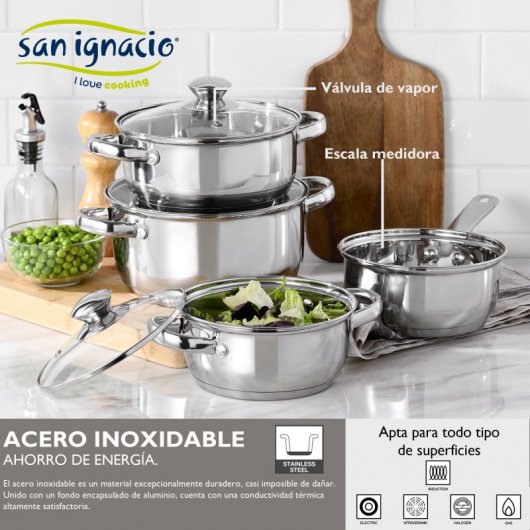 Bergner Set 3 Sartenes Aluminio Forjado + Batería de Cocina de Acero Inoxidable 7 Piezas