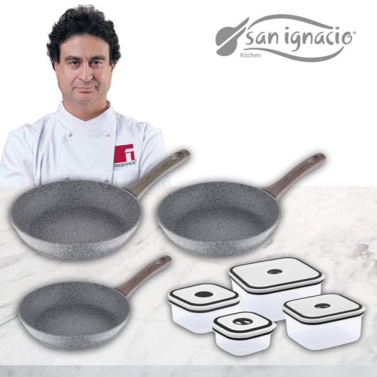 San Ignacio Granito Set 3 Sartenes de Aluminio 20/24/26cm + 4 Recipientes Herméticos