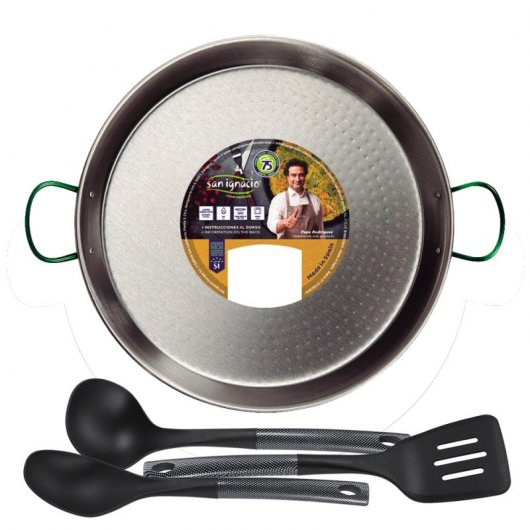 San Ignacio Paellera en Acero Pulido 30cm + 3 Utensilios de Cocina en Nylon