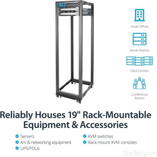 StarTech.com Server Rack a 4 Montanti 42U Open Frame, Armadio Rack di Rete 19" con Ruote, Rack Server per Apparecchiature AV/Dati/Media/IT, Quadro Rack con ruote/piedini di livellamento o montaggio a pavimento