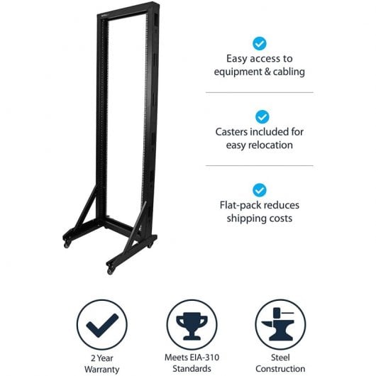 StarTech.com Server Rack a 2 Montanti 42U Open Frame, Armadio Rack di Rete 19" con Ruote, Rack Server 19 Pollici a Telaio Aperto per Apparecchiature AV/Dati/Media/IT, Quadro/Rack dati per spazi domestici/ufficio