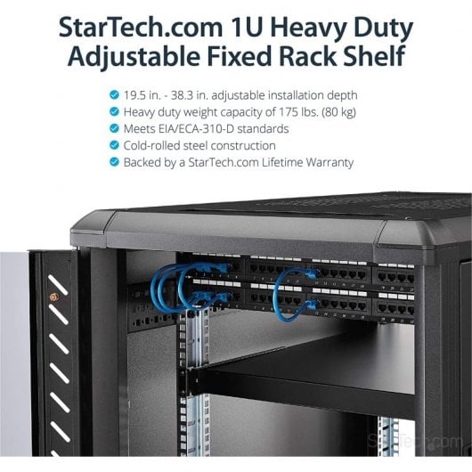 StarTech.com Ripiano 1U regolabile per montaggio su rack 19" - Robusto ripiano per armadio server rack 19 pollici - Mensola Universale con profondità di montaggio regolabile da 49,5 a 97,4cm - Capacità 150 kg