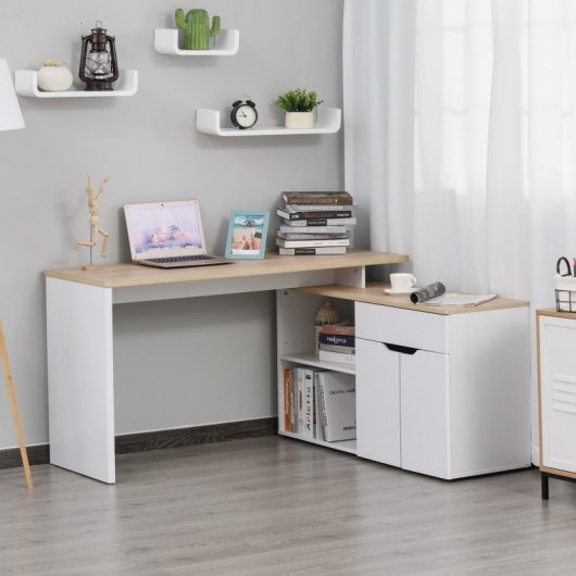 HomCom Mesa Giratoria con Armario y Cajones 140x117x76cm Blanco/Madera