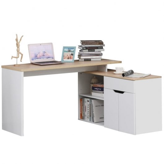 HomCom Mesa Giratoria con Armario y Cajones 140x117x76cm Blanco/Madera
