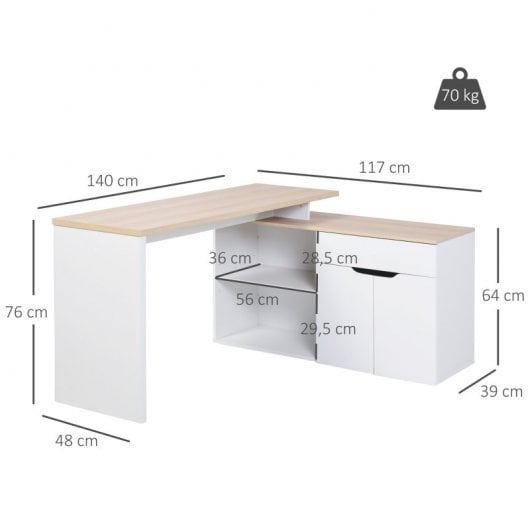 HomCom Mesa Giratoria con Armario y Cajones 140x117x76cm Blanco/Madera