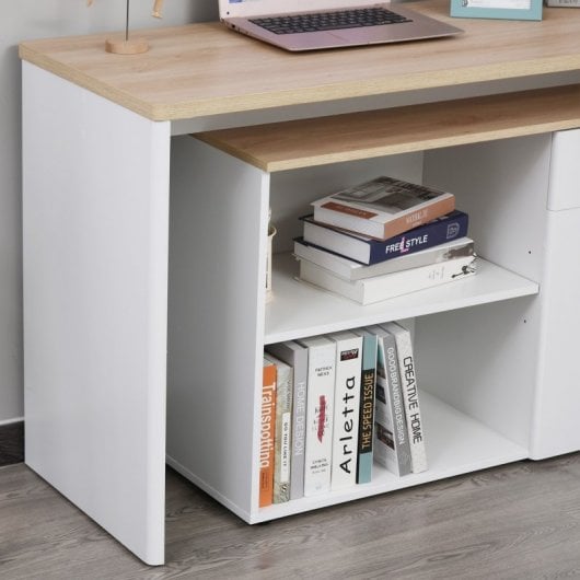 HomCom Mesa Giratoria con Armario y Cajones 140x117x76cm Blanco/Madera