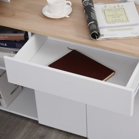 HomCom Mesa Giratoria con Armario y Cajones 140x117x76cm Blanco/Madera