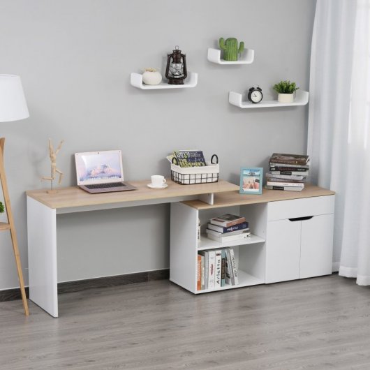 HomCom Mesa Giratoria con Armario y Cajones 140x117x76cm Blanco/Madera