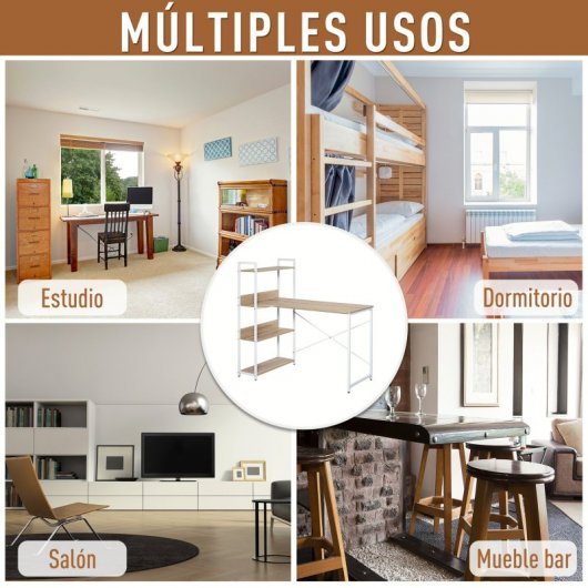 HomCom Escritorio con 4 Estantes 120x70x120cm Blanco/Roble