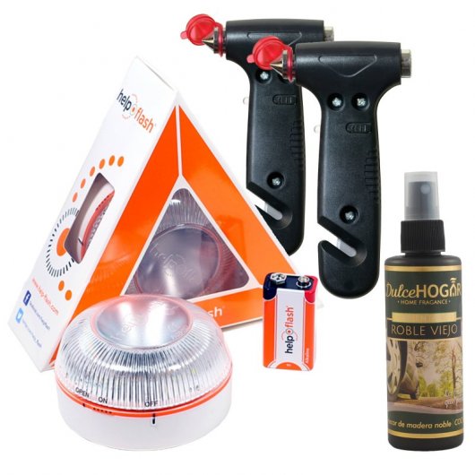 Help Flash Luz de Emergencia V16 Homologada DGT + 2 Martillos Multifunción + Ambientador Roble