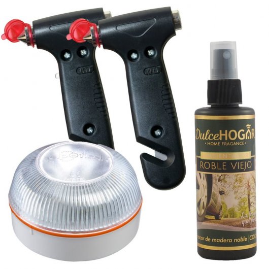 Help Flash Luz de Emergencia V16 Homologada DGT + 2 Martillos Multifunción + Ambientador Roble