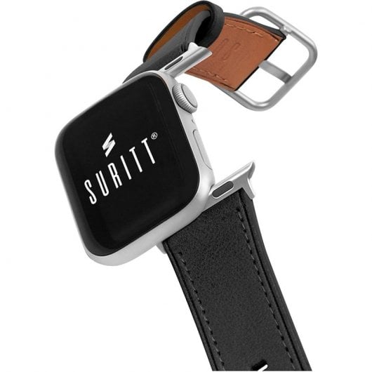 Suritt Rio Correa de Piel/Cuero Negro con Adaptadores Plateados para Apple Watch 38/40mm