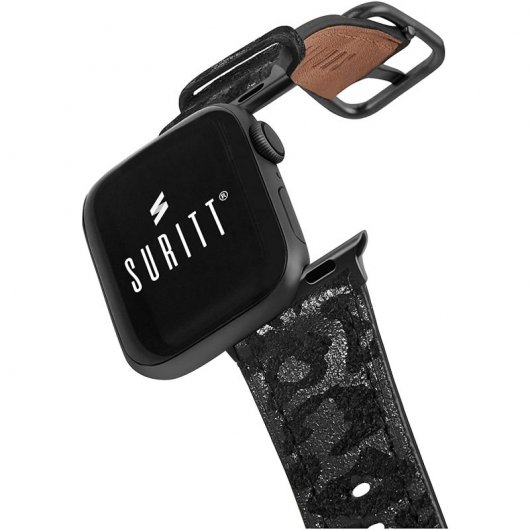Suritt Leo Black Correa de Piel/Cuero Negro con Adaptadores Negros para Apple Watch 38/40mm
