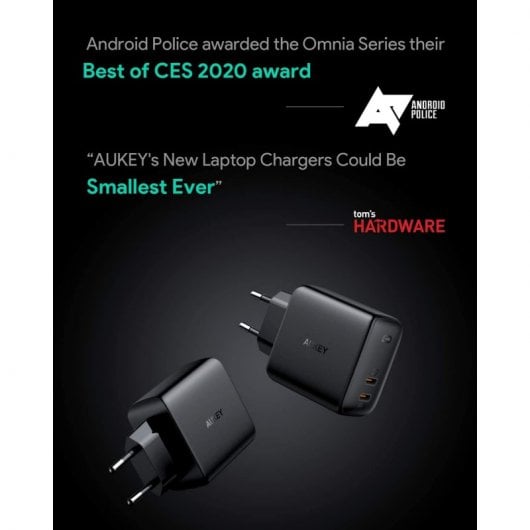 Aukey Carregador PD de Duas Portas Omnia Duo 65 W com Deteção Dinâmica
