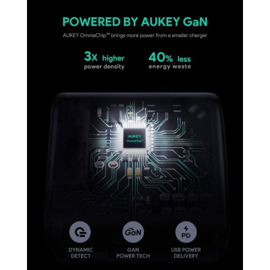 Aukey Carregador PD de Duas Portas Omnia Duo 65 W com Deteção Dinâmica