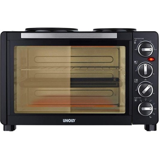 Unold 68885 Tischbackofen 30L 1500W Schwarz mit 2 Kochplatten