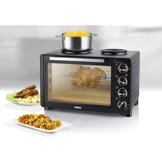 Unold 68885 Tischbackofen 30L 1500W Schwarz mit 2 Kochplatten