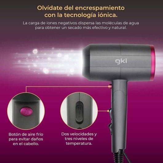Professioneller Ionen Föhn GKL Beauty Topaz S2100 2200W 3 Temperaturstufen 2 Geschwindigkeiten mit Diffusor Grau Rosa