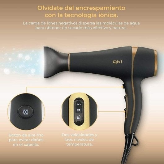Phon Professionale Ionico GKL Beauty Onyx S2200 2200W 3 Temperature 2 Velocità con Diffusore Nero Oro