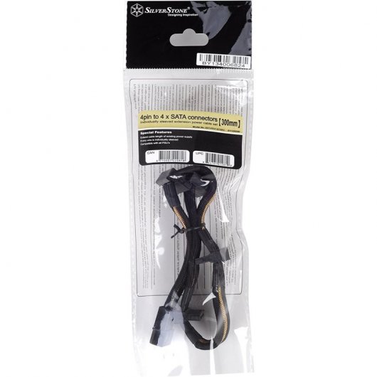 SilverStone PP07-BTSBG Cable Extensor de Alimentación Molex a 4 SATA 30cm Negro/Oro