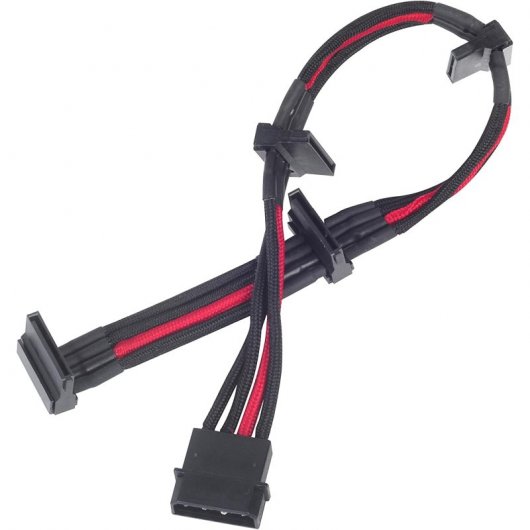 SilverStone PP07-BTSBR Cable Extensor de Alimentación Molex a 4 SATA 30cm Negro/Rojo