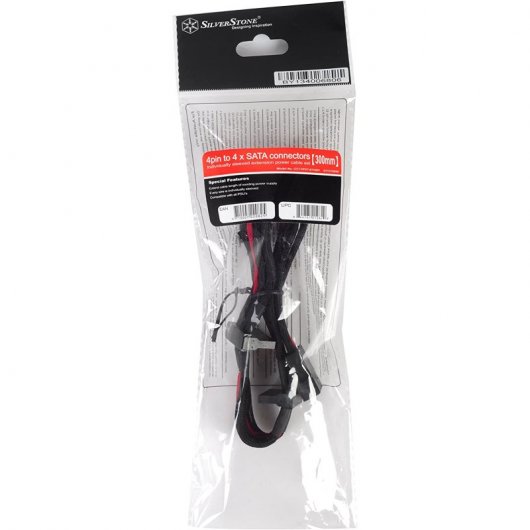 SilverStone PP07-BTSBR Cable Extensor de Alimentación Molex a 4 SATA 30cm Negro/Rojo