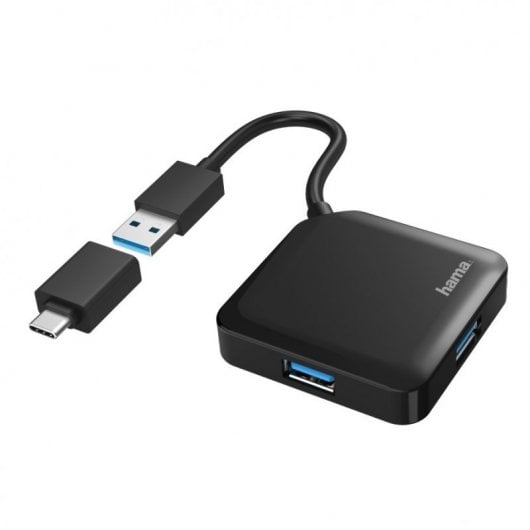Hama Hub 4 Puertos USB 3.2 Negro + Adaptador USB-C