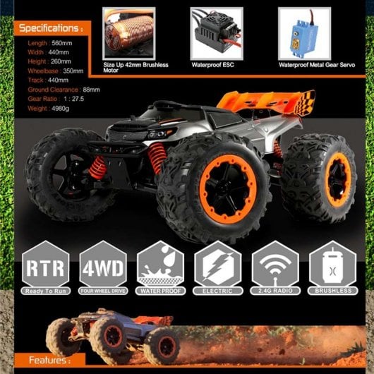 Team Magic E6 III HX Coche Eléctrico Monster Truck 4x4 1/8 2500KV Plata