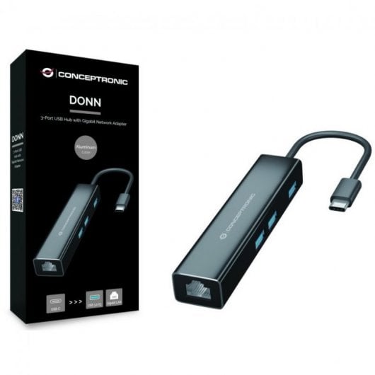 Hub USB-C Conceptronic DONN07B vers 3x USB 3.0/RJ-45