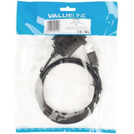 Valueline Cable para Impresora USB 2.0 a Centronics 36 Pines Macho/Macho 2m Negro