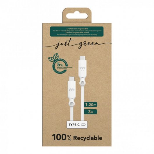 Just Green Cable Ecológico USB-C Macho/Macho 1.2m Blanco