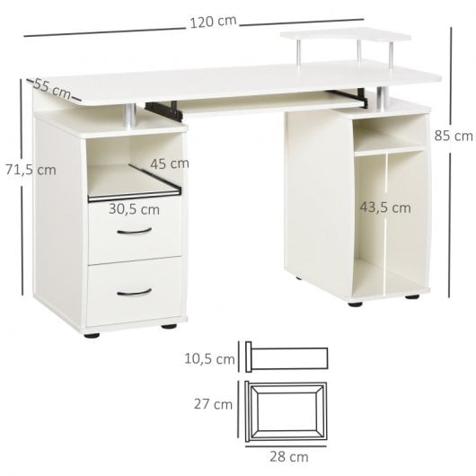HomCom Mesa de Ordenador con Bandeja Extraíble 120x55x85cm Blanco