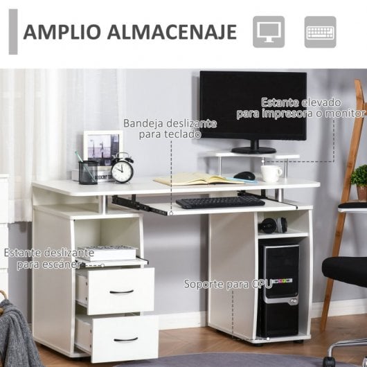 HomCom Mesa de Ordenador con Bandeja Extraíble 120x55x85cm Blanco