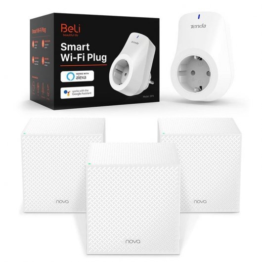 Tenda Pack MW12 Pack de 3 Sistema Mesh WiFi AC2100 Tribanda + Beli SP3 Enchufe Inteligente Wi-Fi