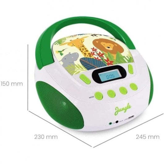 Reproductor CD Metronic Jungle 1,5W RMS USB MP3 FM AUX Verde Blanco Infantil