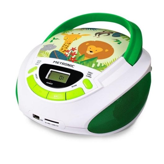 Reproductor CD Metronic Jungle 1,5W RMS USB MP3 FM AUX Verde Blanco Infantil