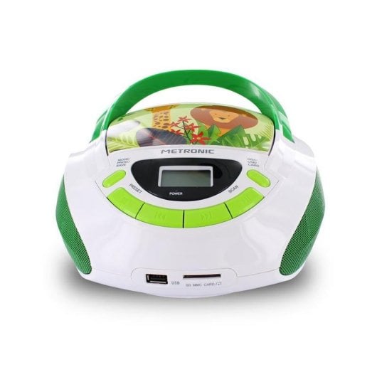 Reproductor CD Metronic Jungle 1,5W RMS USB MP3 FM AUX Verde Blanco Infantil