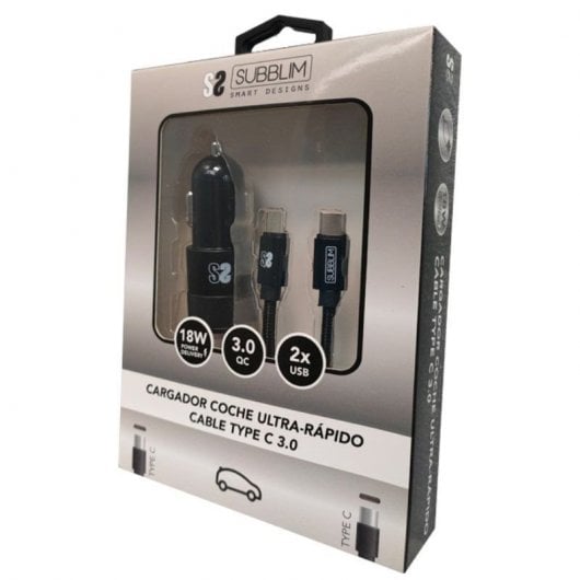 Caricabatteria da auto Subblim 2xUSB + cavo USB-C Nero