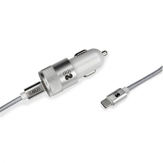 Subblim Cargador de Coche 2xUSB + Cable USB-C Plata