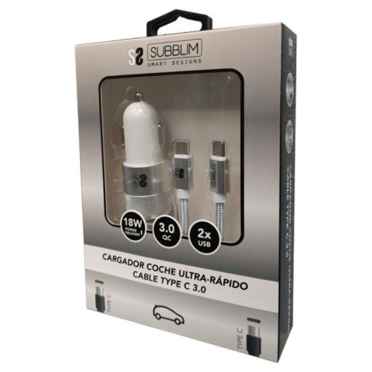 Caricabatteria da auto Subblim 2xUSB + cavo USB-C Argento
