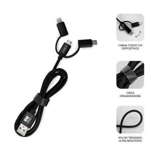 Subblim Cargador de Coche 2xUSB + Cable USB 3 en 1 Lightning/MicroUSB/USB-C Negro