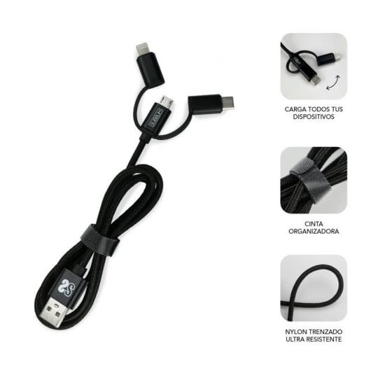 Subblim Caricabatteria da Auto 2xUSB + Cavo USB 3 in 1 Lightning/MicroUSB/USB-C Nero