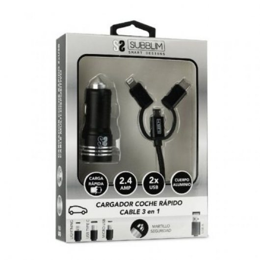 Subblim Cargador de Coche 2xUSB + Cable USB 3 en 1 Lightning/MicroUSB/USB-C Negro