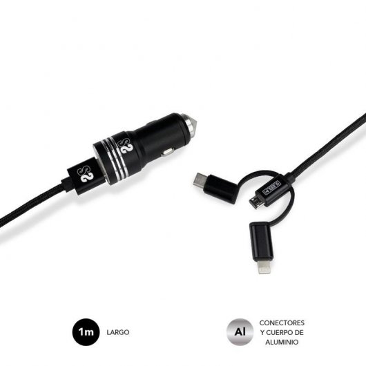 Subblim Cargador de Coche 2xUSB + Cable USB 3 en 1 Lightning/MicroUSB/USB-C Negro