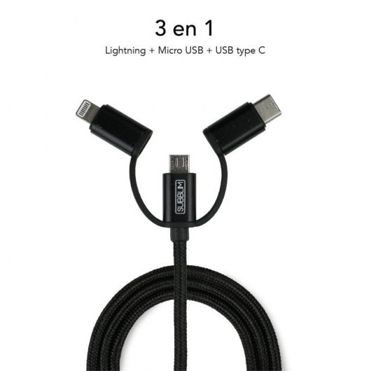 Subblim Cargador de Coche 2xUSB + Cable USB 3 en 1 Lightning/MicroUSB/USB-C Negro
