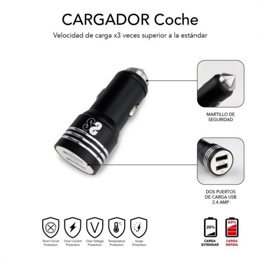 Subblim Cargador de Coche 2xUSB + Cable USB 3 en 1 Lightning/MicroUSB/USB-C Negro
